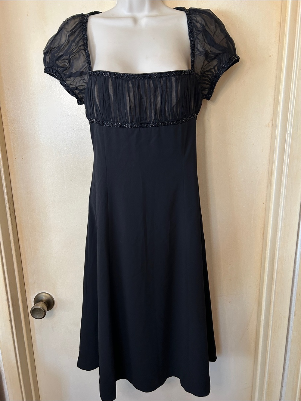 Adrianna Papell Black Midi Dress with Sheer Silk and Beaded Bodice size 6